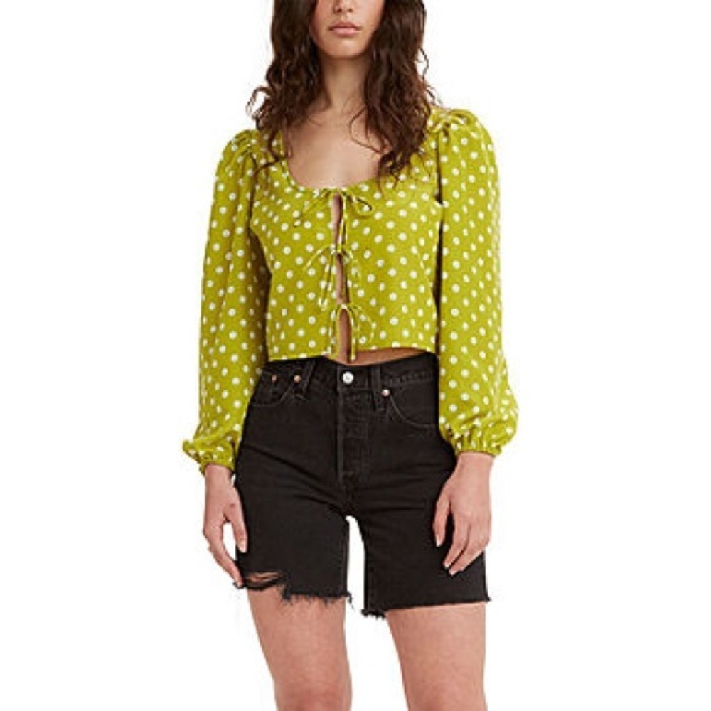 NWT Levis Floral Green Embry Blouse Womens XS Square Neck Long Sleeve Tie Front